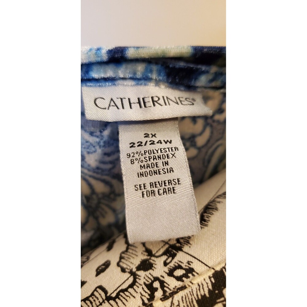 Catherines 2X Plus Velour Blouse Blue Floral Paisley 3/4 Sleeve Stretch Top - Picture 7 of 7
